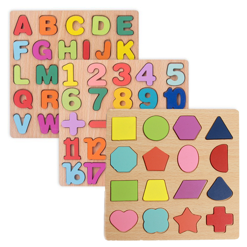 字母拼图立体数字板儿童益智几何形状配对积木手抓板木质玩具批发详情图5