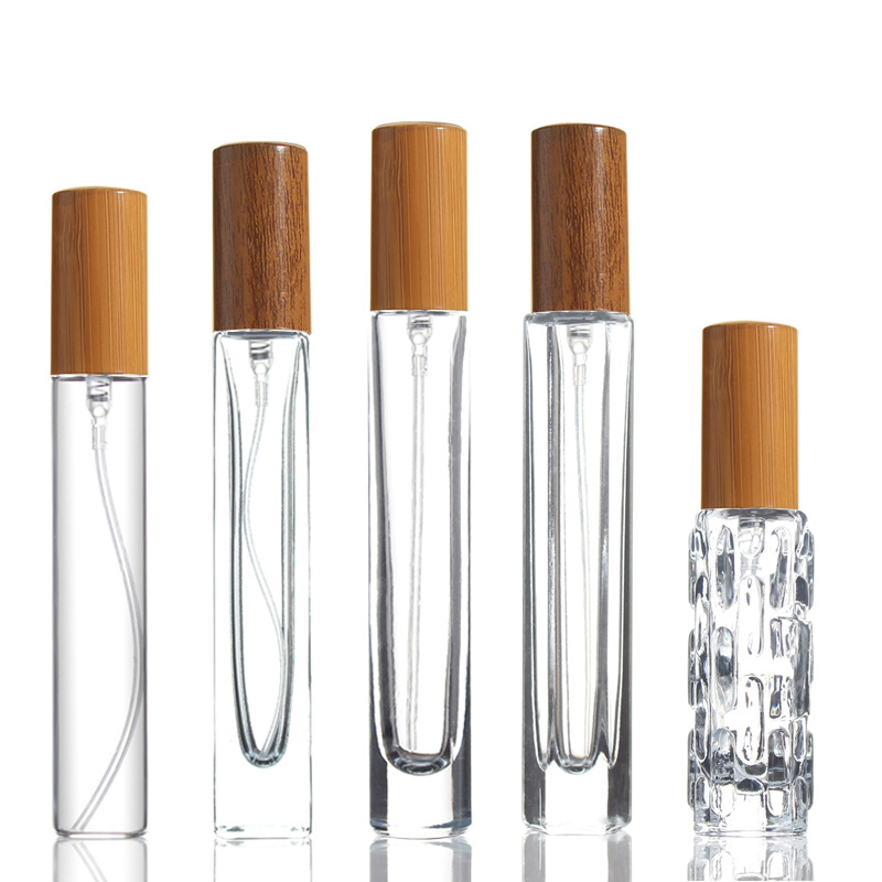 10ml perfume sample bottles in stock, with wood and bamboo grain caps, hexagonal press-type transparent glass spray bottles Item Picture