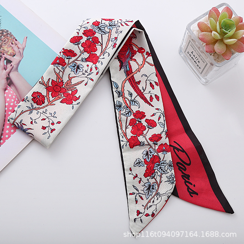 Spring Streamer Print Long Narrow Diagonal Small Silk Scarf Elegant Korean Hair Tie Bag Tie Hair Accessories A Piece Of Hair Application Scenario