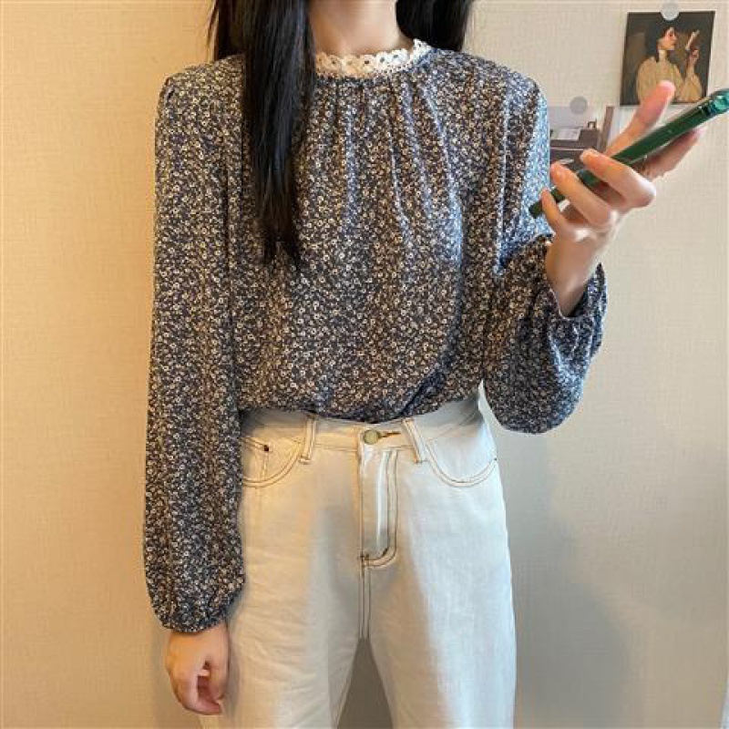 Nuevo 2022 manga larga verano top de mujer cuello redondo blusa floral de gasa para mujer sensación de diseño nicho versátil mujer blusa Specification image