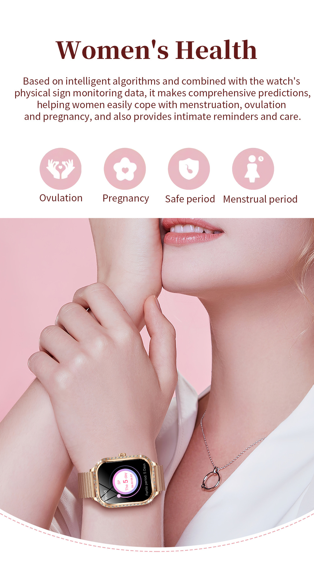 1.75寸曲面屏镶钻心率血氧睡眠计步IP68防水女性蓝牙通话智能手表详情14