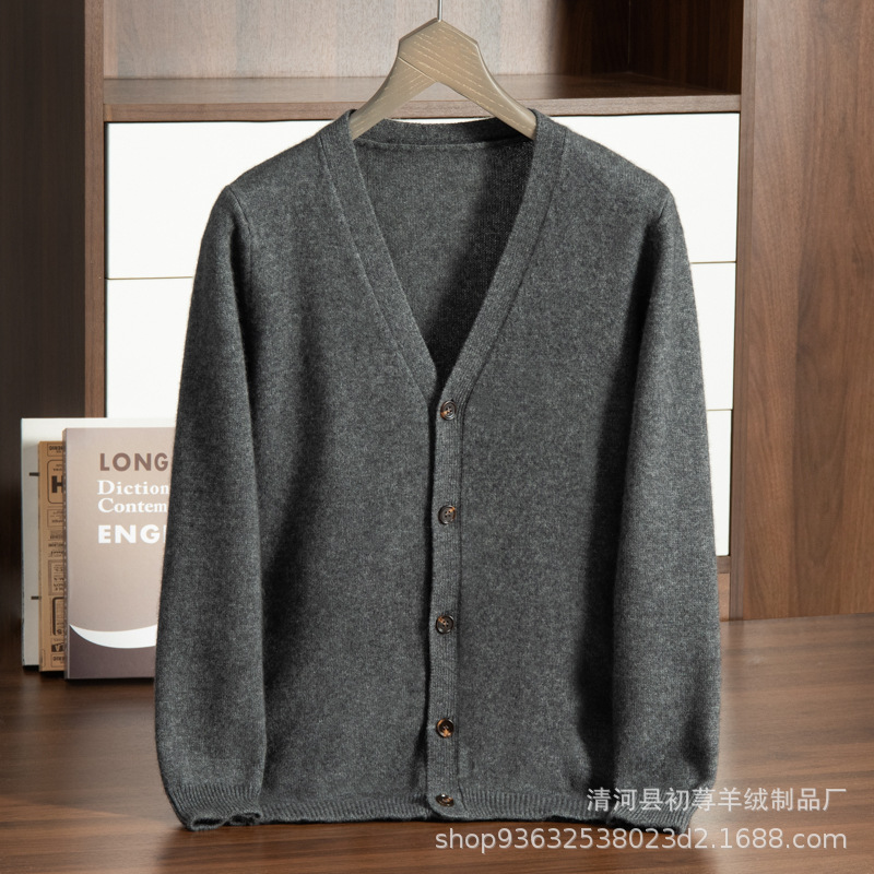 V-neck cashmere cardigan for men, simple and versatile, dad's outfit, warm base layer, light luxury cashmere knitted sweater Specification image