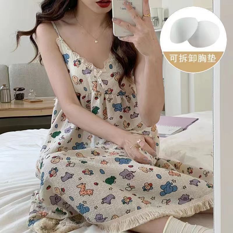 The summer bestseller of the strappy nightgown for women is the detachable bubble foam pajama with a chest pad. It is a loose, sweet and cute home wear for women Specification image