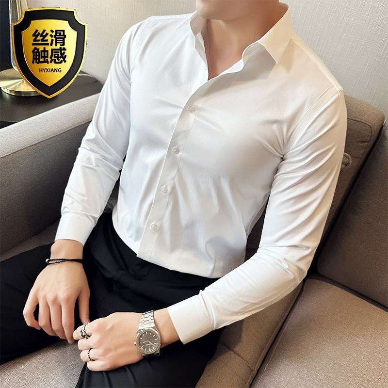 Seamless silk business casual shirt, long-sleeved white non-ironing elastic smooth cross-border trade shirt for men's formal wear