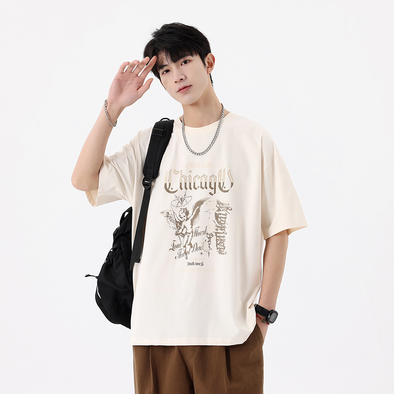 American street creative letter-printed short-sleeved T-shirt, men's summer Instagram trendy brand casual loose five-and-a-half-sleeved top Specification image