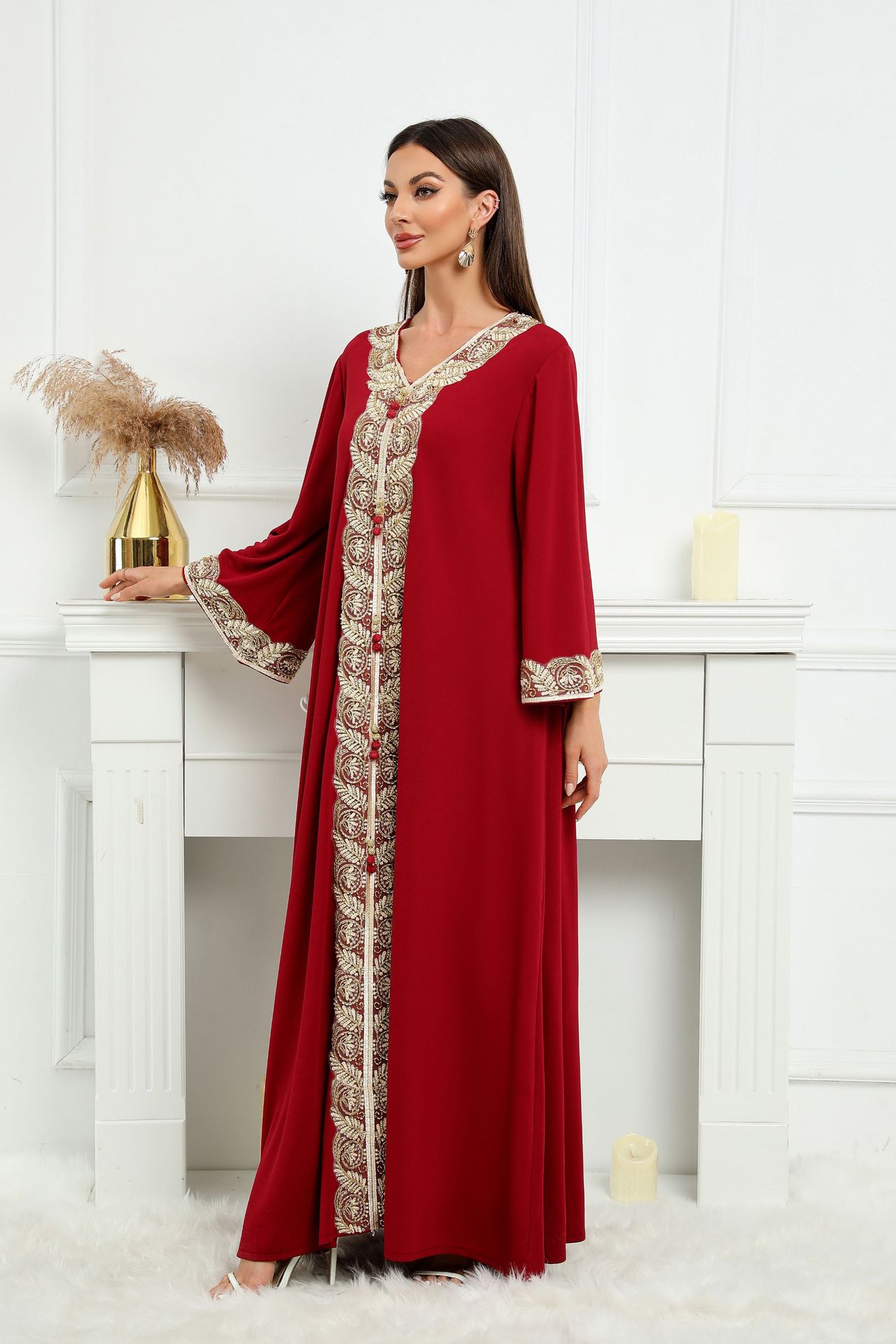 ZD001 abaya外贸电商中东跨境穆斯林女装长袍迪拜大袍织带连衣裙详情图3