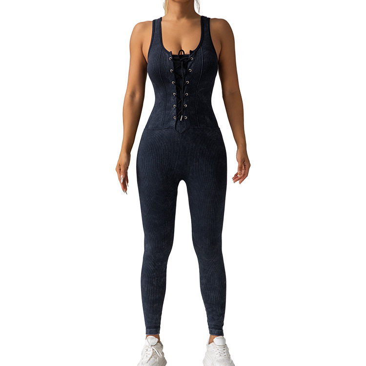 New European and American cross-border yoga jumpsuit, threaded fitness sports long pants, sexy backless jumpsuit, yoga wear for women Item Picture