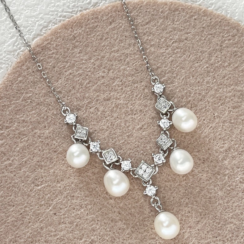 The New S925 Silver Diamond Diamond Pearl Necklace Women Simple Everything Fashion Light Luxury Fine Temperament Clavicle Chain Specification drawing