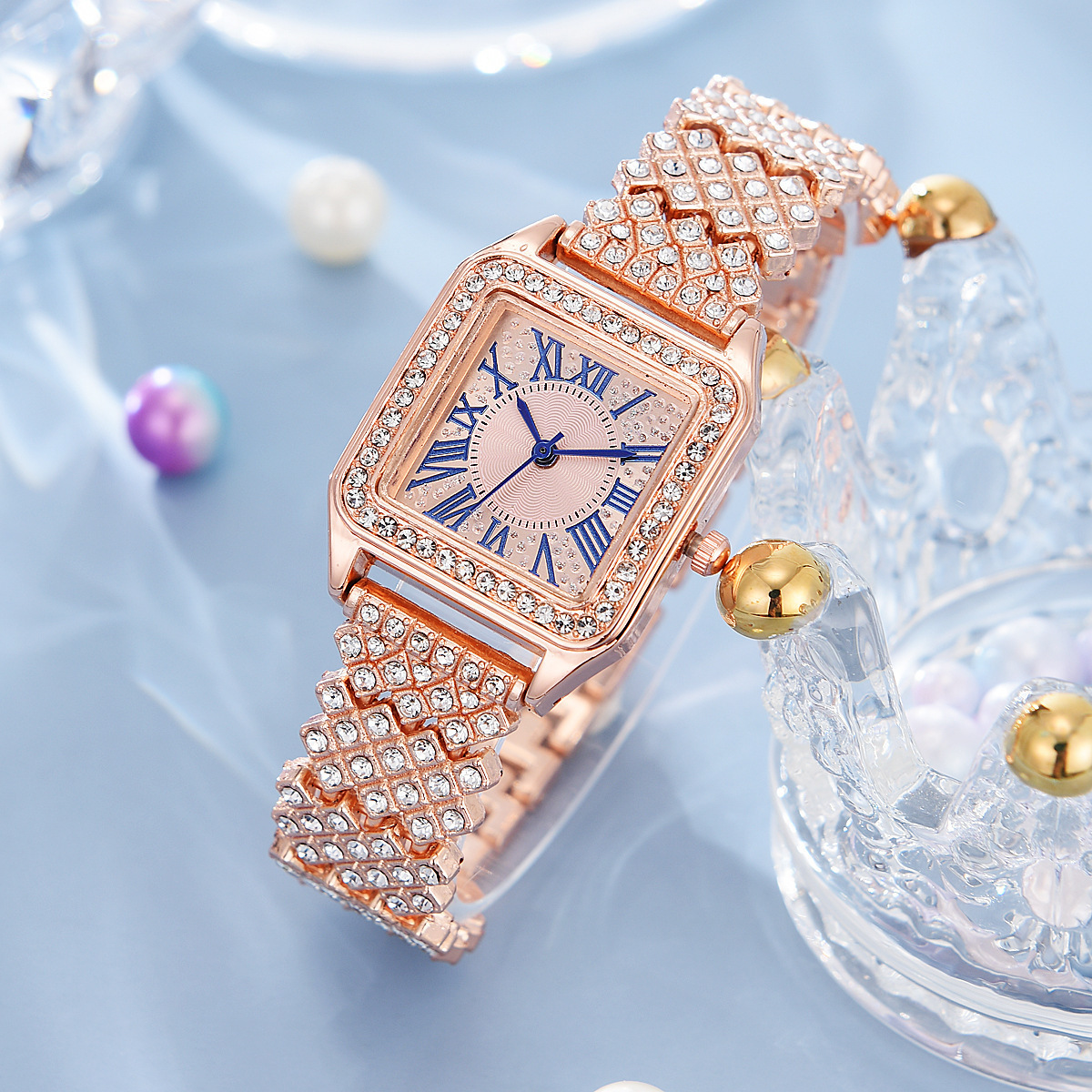 Cross-border best-selling light luxury and fashionable Roman numeral dial full diamond strap ladies' watch quartz watch manufacturer wholesale Specification image