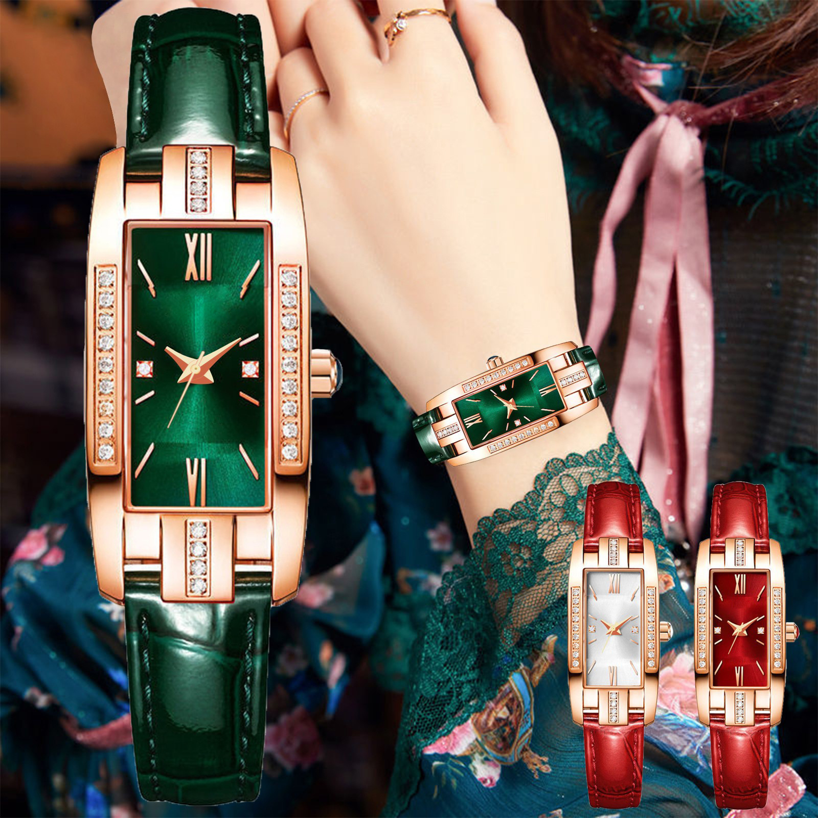 抖音小绿表网红直播引流带钻小方形手表 女手表 复古时尚女表腕表