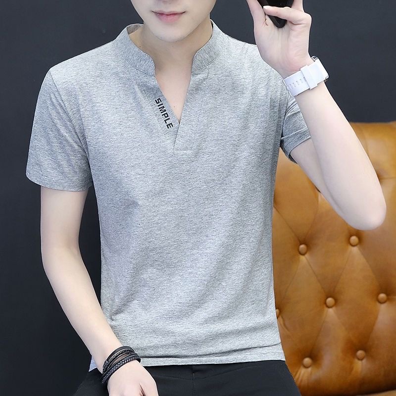 Summer men's V-neck short-sleeved T-shirt, ice-feel elastic base layer, solid color, simple and slim European and American style, small stand-up collar, versatile T-shirt Specification image