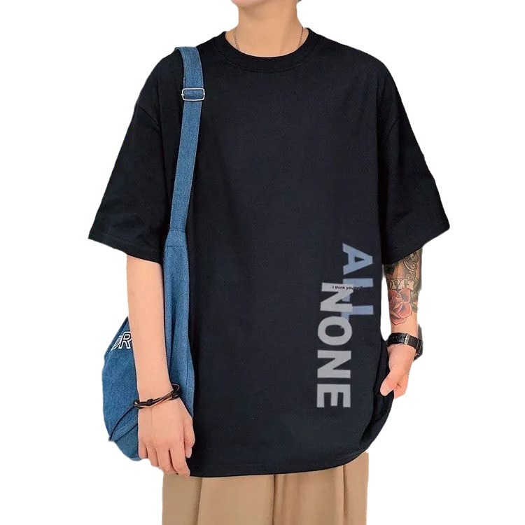 Overweight and plus-size Hong Kong-style short-sleeved T-shirt for men, summer Korean-style trendy loose and versatile five-quarter sleeve T-shirt top Item Picture