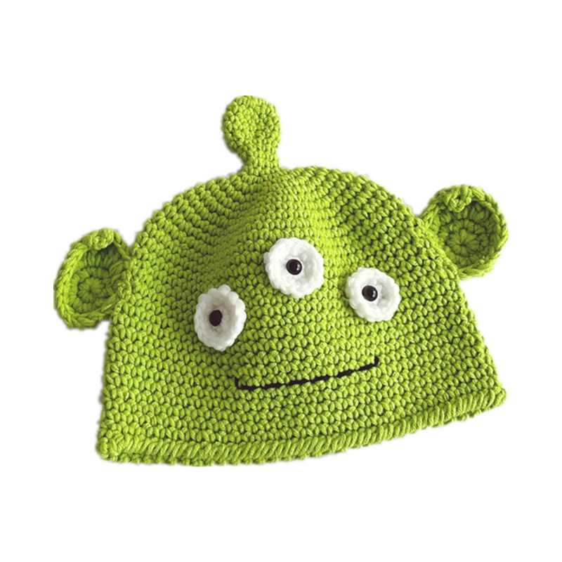 ins children's green woolen hats, hand-knitted for autumn and winter with big eyes and ears, funny knitted hats for boys and girls Item Picture