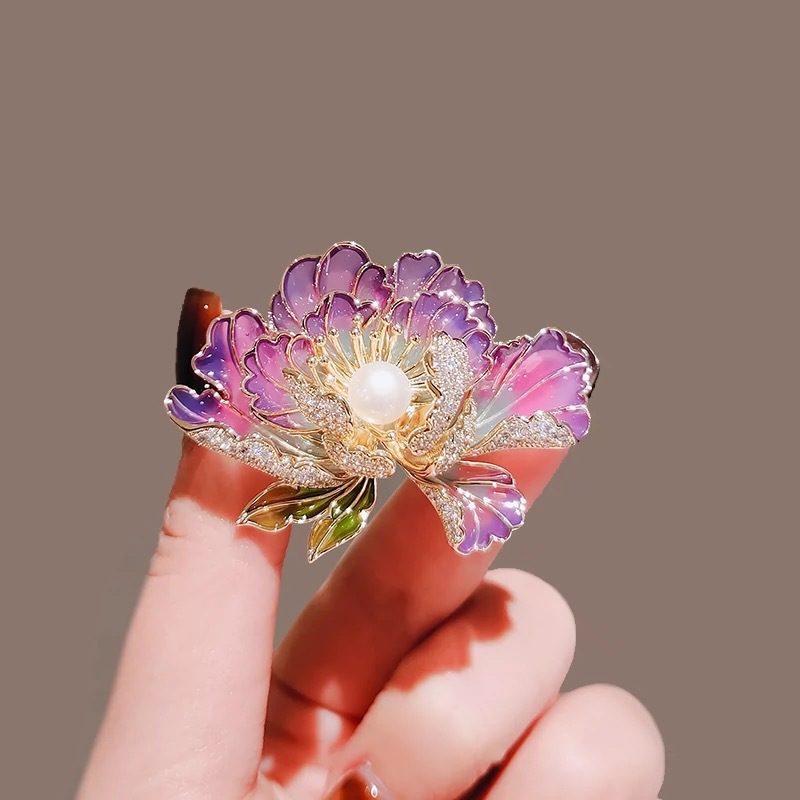 Cross-border Korean version pearl enamel peony flower brooch, women's niche high-end sense brooch, diy high-end suit brooch Application Scenario