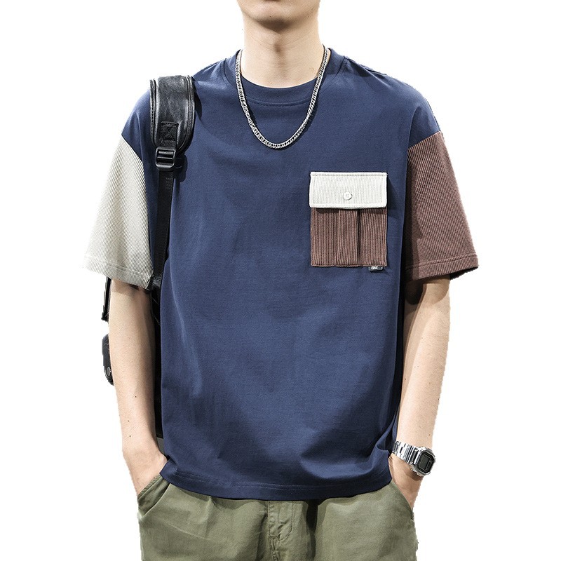 The 2025 new Xinjiang cotton color-blocking short-sleeved T-shirt is a major American trend for men's summer. It's a loose and casual T-shirt top trend Item Picture