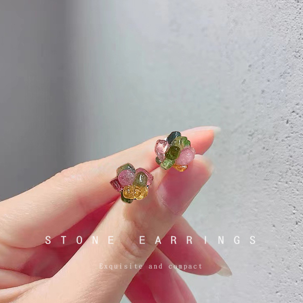 Natural tourmaline! 925 Silver Needle Forest Style Simple and Fresh Mini Version Sweet Stud Earrings Factory Earrings