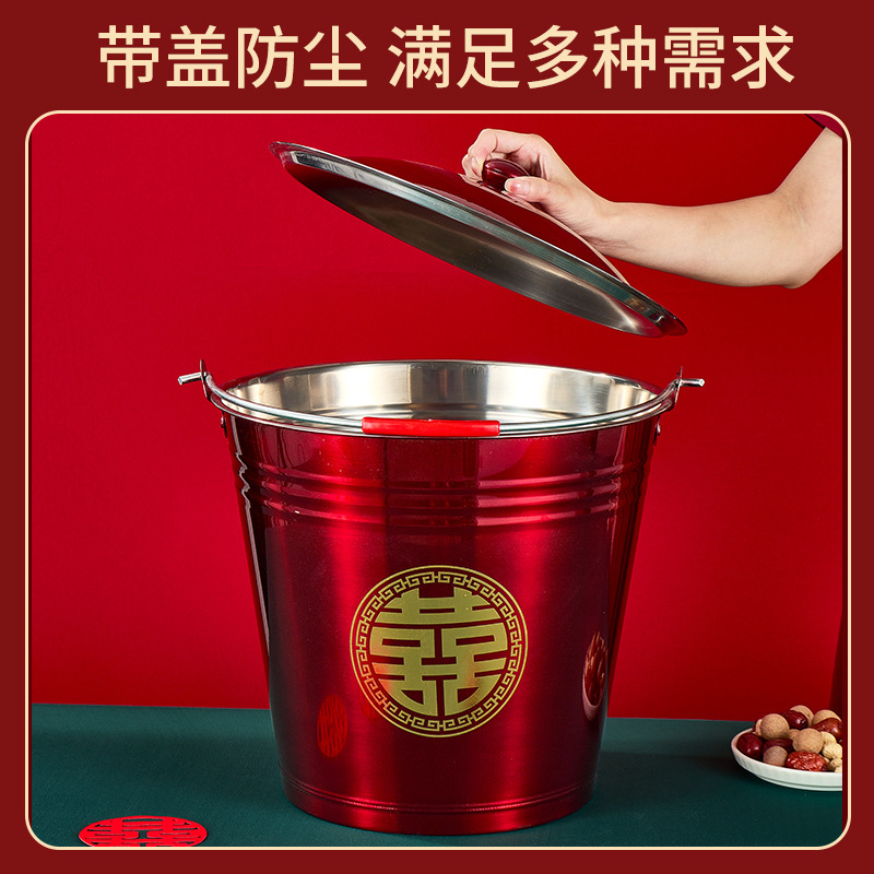 A pair of red wedding buckets for the bride's dowry, a complete collection of stainless steel water buckets for moving to a new home and wedding supplies Application Scenario