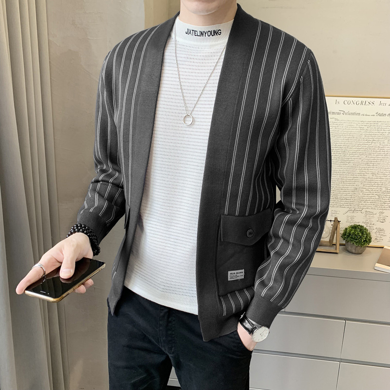 Spring and autumn new stylish striped slim-fit sweater men's coat, Korean-style trendy stylish casual knitted cardigan for men Specification image