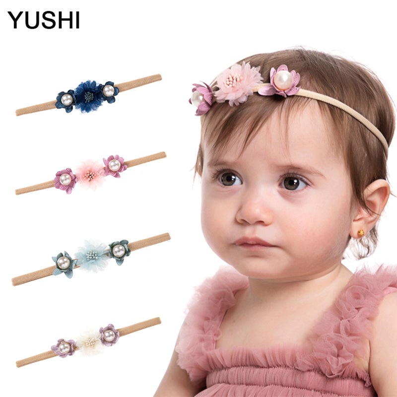 European and American cross-border lace patchwork flower ribbons, pearl baby headwear, fashionable photo studio hair accessories, princess headwear full figure