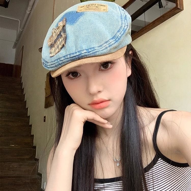 Washed denim forward Beret, new versatile, retro, big head circumference to show off your face, Bud Painter hat, octagon Application Scenario