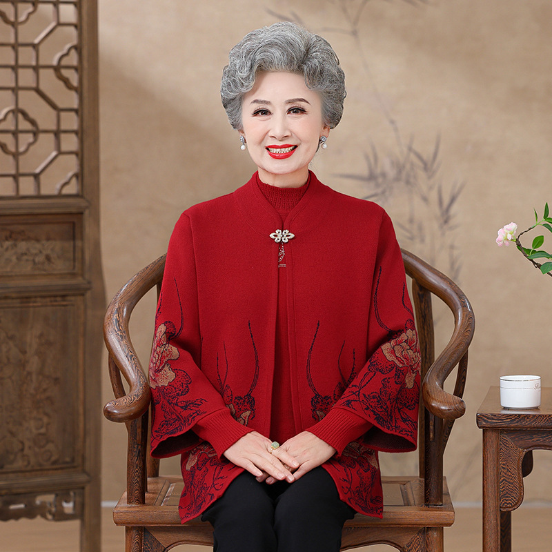 奶奶秋冬装中老年人两件套装女装60岁70妈妈针织衫两件套装老人老