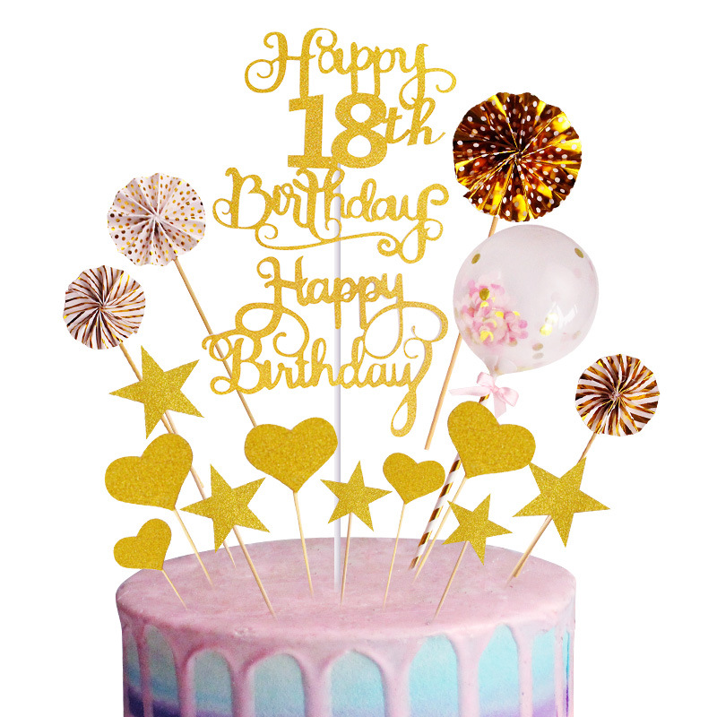 亚马逊跨境 可定制数字18生日快乐蛋糕装饰插件插牌纸扇气球套装详情图3