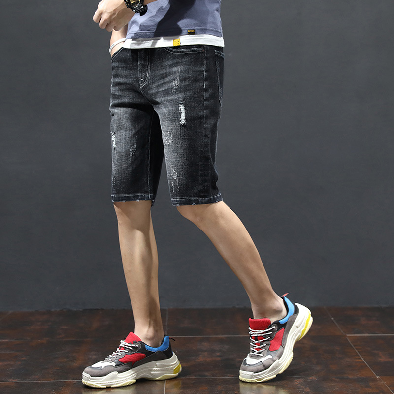 Summer thin, loose and stretch denim shorts, men's trendy ripped casual capri pants, oversized mid-length pants, straight-leg breecers Specification image
