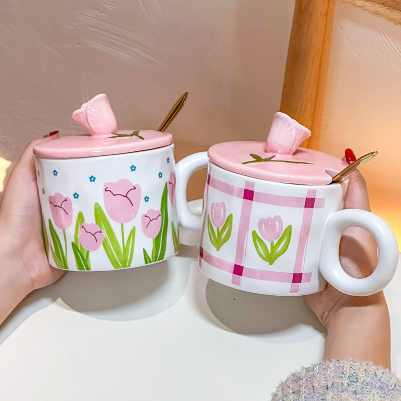 Tulip cup mug Girls dormitory drinking water Ceramic cup with lid with spoon Water cup students high appearance level thumbnail