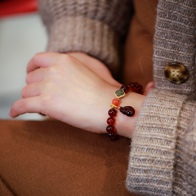 Natural blood amber round bead single-loop bracelet for women, Hetian jade four-leaf clover lucky bracelet, DIY blood amber money bag accessories details Picture