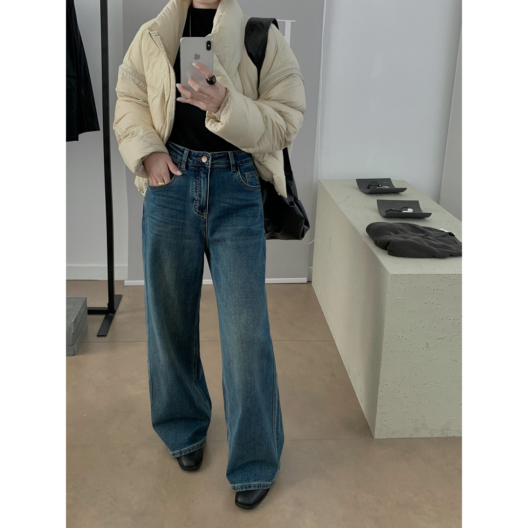 GAGD pear-shaped retro straight-leg wide-leg fleece jeans, women's fleece stretch versatile high-waisted slimming floor-length pants