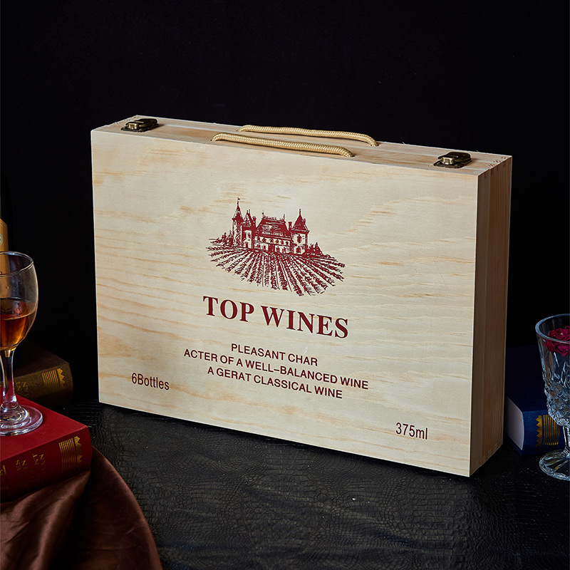 Spot Wholesale Simple Red Wine Wooden Box Wooden Packaging Box Carrying Wine Mid-Autumn Festival Gift Box Can Print Logo Specification drawing