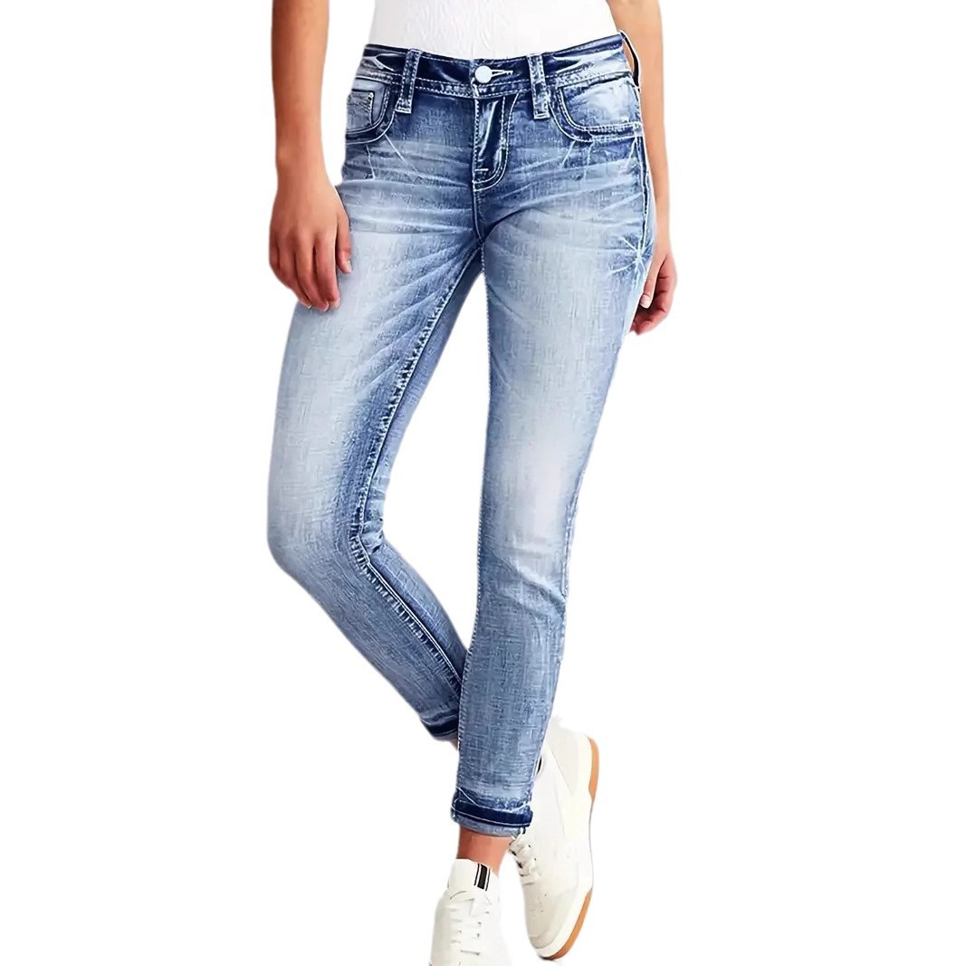 In-stock 2025 Amazon independent store European and American women's clothing, slimming, elastic, versatile embroidered jeans and skinny pants Item Picture