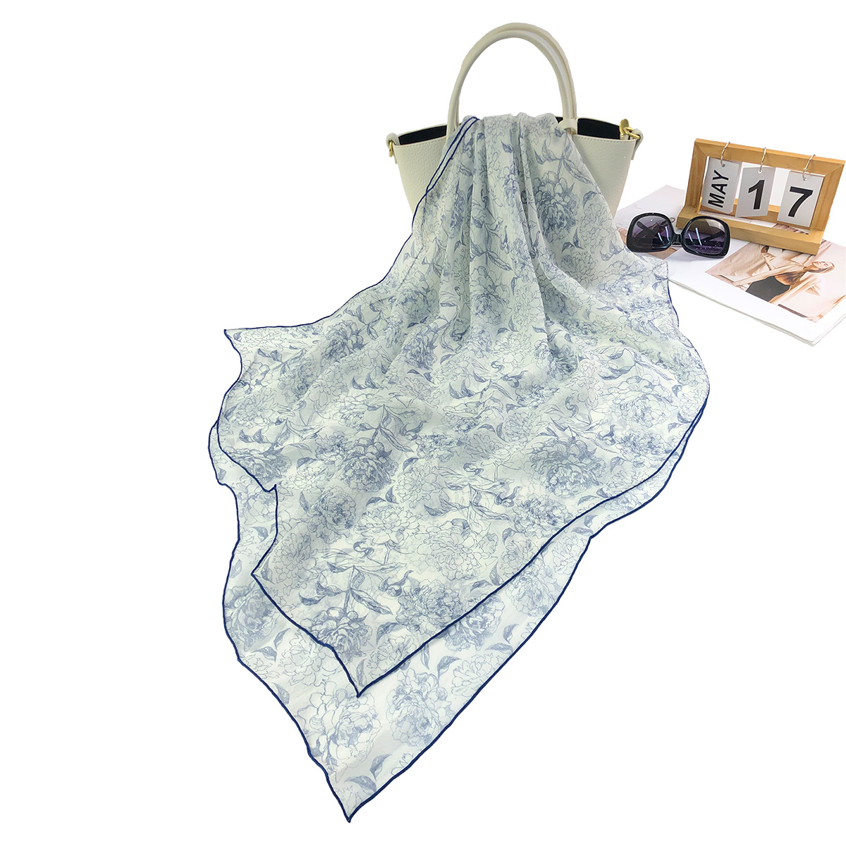 Cross-border exclusive new 100% mulberry silk hand-rolled edge fashionable large silk scarf, versatile and fresh floral print scarf for women Specification image