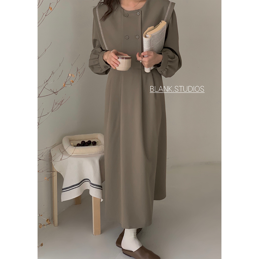 I Snow Blank2023 Early Spring Simple French Dress Elegant Navy Collar A-Line Maxi Dress 512907 details Picture