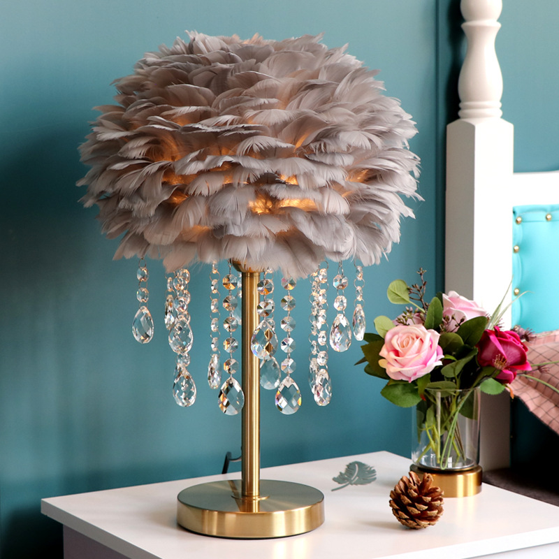 Crystal Desk Lamp Bedroom Ins Girl Simple Modern Creative Nordic Feather Lamp Warm Romantic Wedding Bedside Lamp Specification drawing
