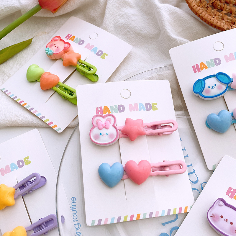 Dopamine Girl Creamy Cartoon Animal Color Contrast Heart Hollow Hairpin Cute Student Children Hair Accessories details Picture