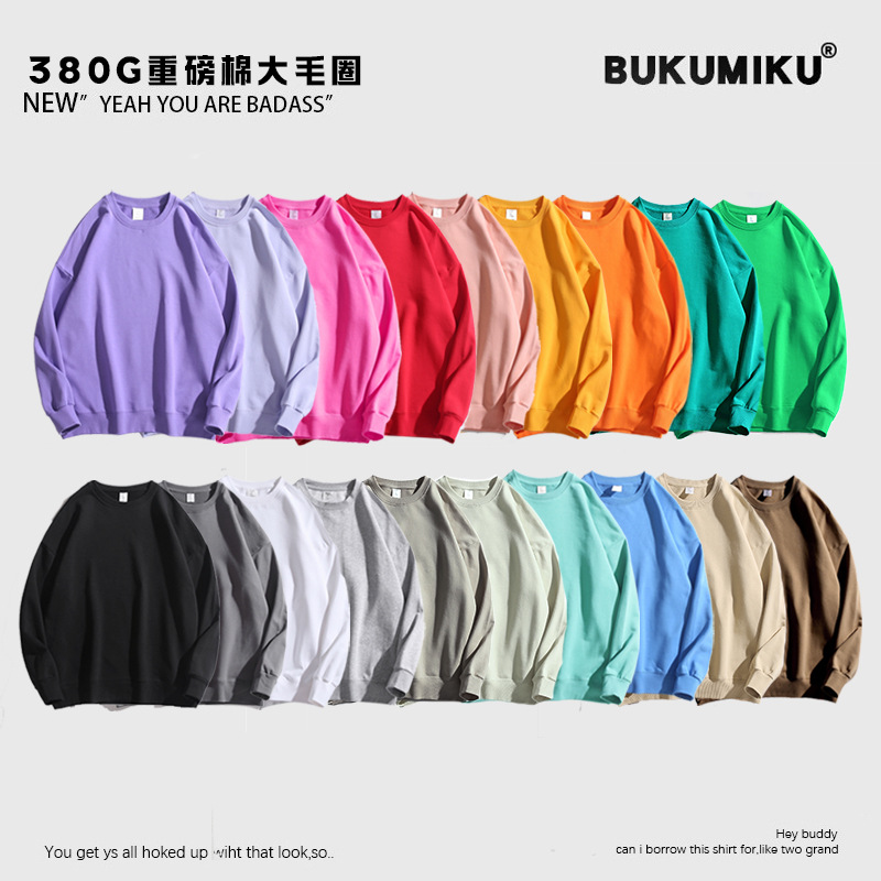 380g heavy-weight off-the-shoulder loose cotton men's and women's hoodie with large loops, round neck trendy printed solid color pullover hoodie details Picture