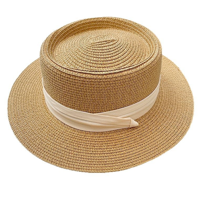 A flat-topped straw hat, a straw woven hat, a women's summer top hat, a wide-brimmed sun-protective hat, a beach hat Item Picture