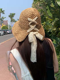 Lace bow straw hat women's sun visor summer foldable large eaves sun hat seaside holiday beach sun protection hat