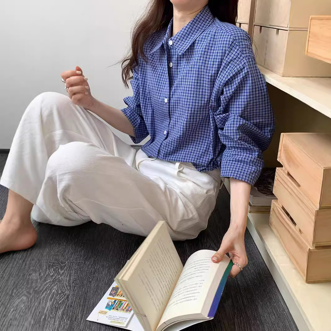 薇颂女装休闲长袖格子衬衫女秋季新款韩版宽松挺阔翻领开衫上衣