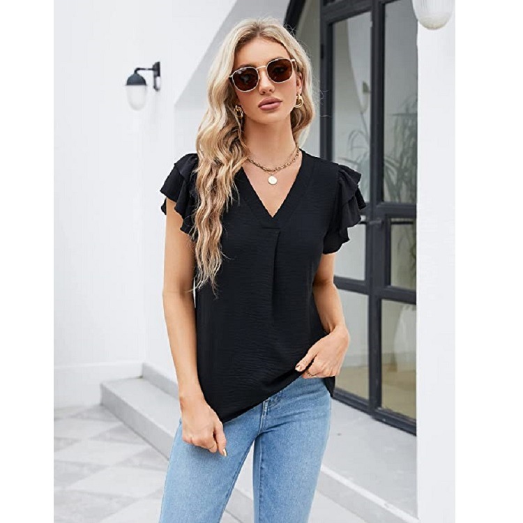 Cross-Border Europe And The United States Women's 2023 Summer New Amazon Women's V-Neck Chiffon Ruffled Shirt Short-Sleeved Top Specification drawing