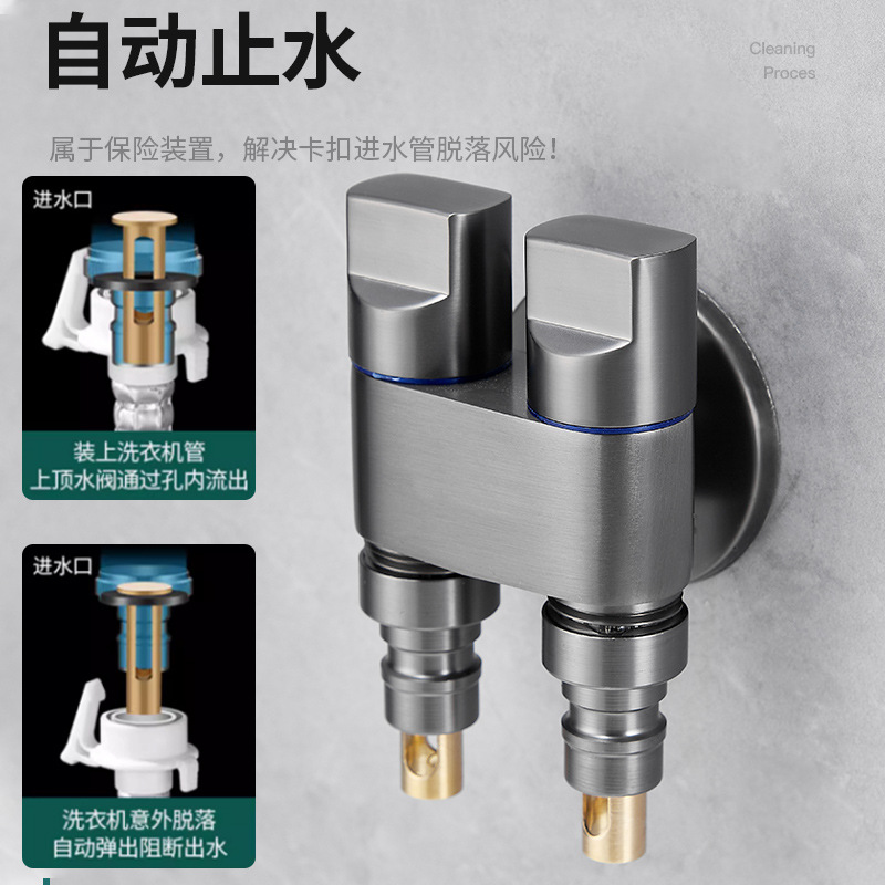 All-copper Angle valve, one inlet and two outlets, washing machine faucet, one split and two automatic water stop, double water outlet, double control, double opening details Picture