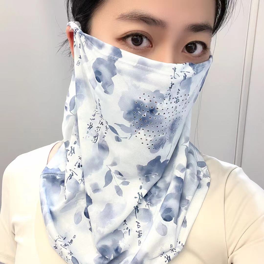 Summer sun protection and shading face mask, women's Chinese-style outdoor full-face neck protection and neck wrap, one-piece ice silk ear-hanging neck cover Application Scenario