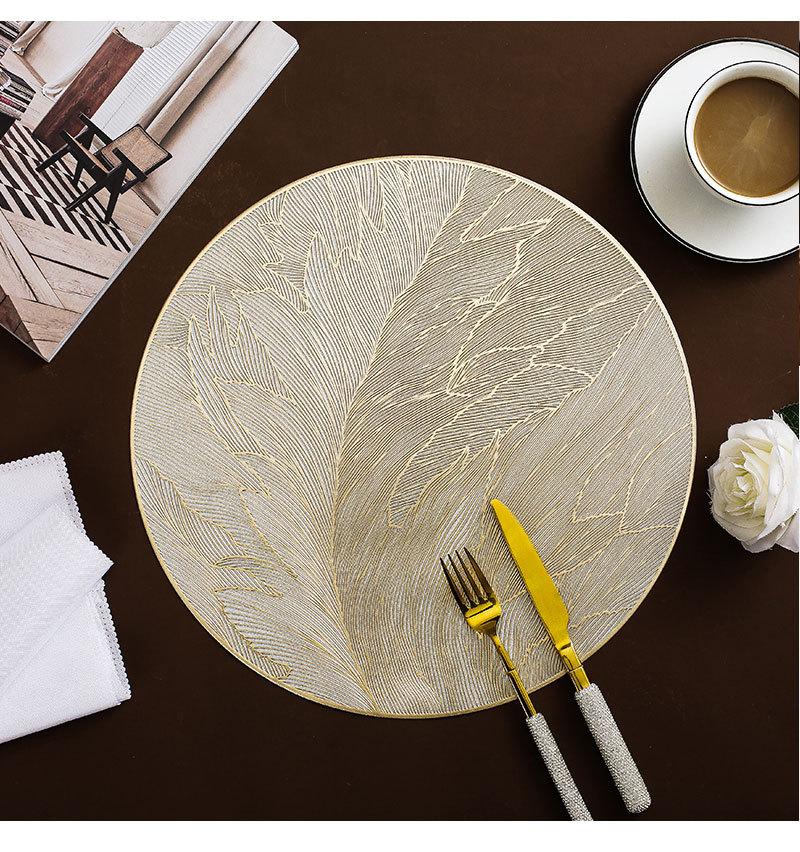 跨境热销羽毛餐垫防水防油PVC烫金花瓶垫高级感轻奢可水洗隔热垫详情10