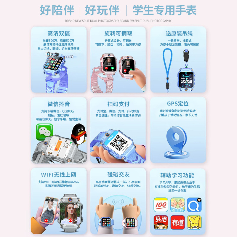 The new Genius primary school smartwatch with dual rotating cameras and full network compatibility for children can locate boys and girls Specification image