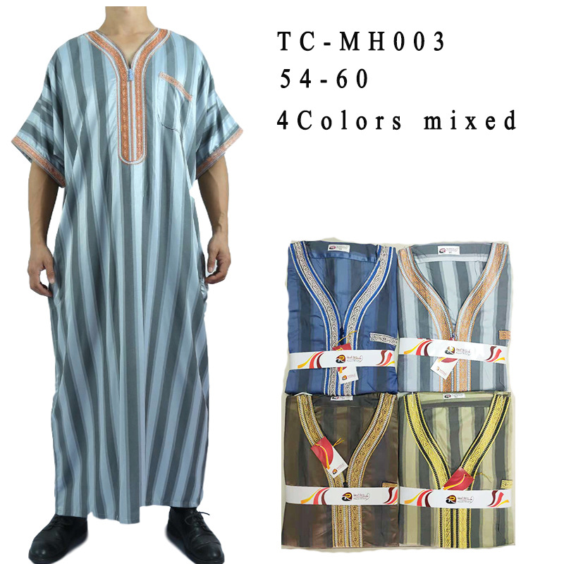 非洲男士服装 摩洛哥长袍 阿拉伯夏季短袖条纹长袍详情图1