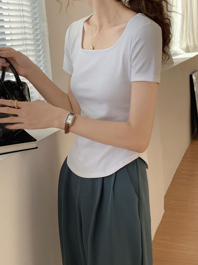 260g甄选纯棉T恤女夏短袖2026新款不规则弧形修身显瘦U领打底上衣详情5