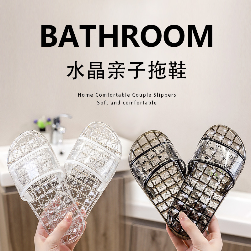 Transparent crystal parent-child slippers for men's summer, a classic and trendy indoor style for couples, a lightweight and comfortable one-shoulder flip-flops for home use Application Scenario