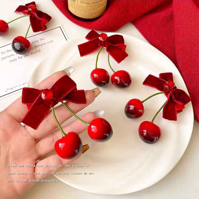 Winter Vibe Cherry Red Velvet Hair Clip With Bow New Year Children's Red Festive Festive Hair Clip Specification drawing