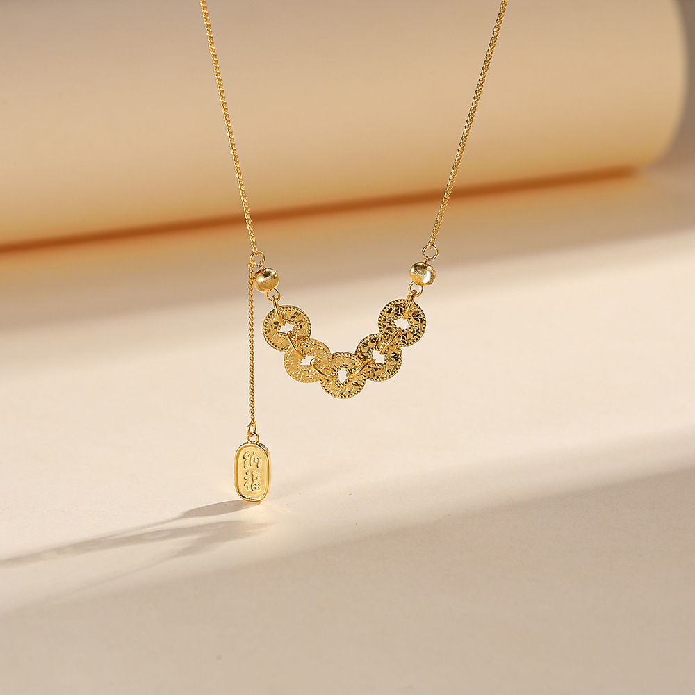 厂家批发碎冰冰五帝钱项链镀金新中式国潮风纳福锁骨链s925银项链